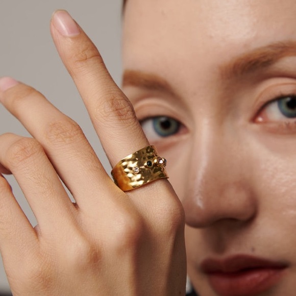 New 18KG FP Cubic Zirconia Rainbow Textured Gold Plated Open Cuff Cocktail Ring - Picture 7 of 15